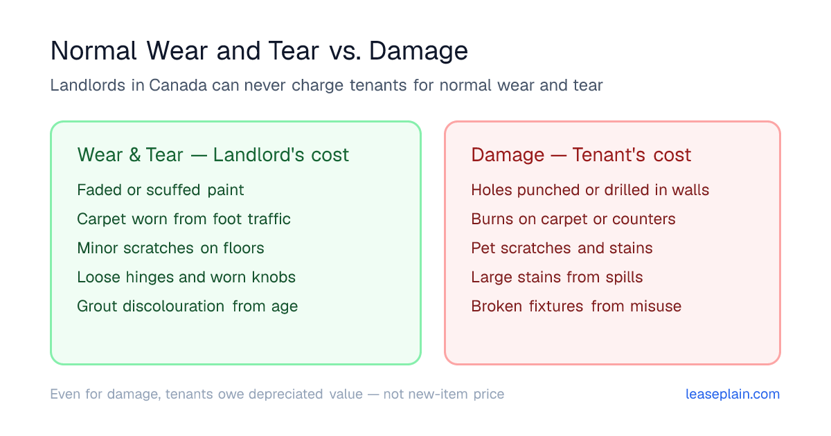 Side-by-side comparison for Canadian rentals: normal wear and tear (faded paint, worn carpet, minor scuffs — landlord's cost) versus tenant damage (holes in walls, burns, pet damage, large stains — tenant's cost)
